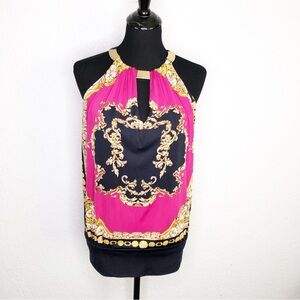 Cache black gold pink graphic print scroll sleeveless top size Small